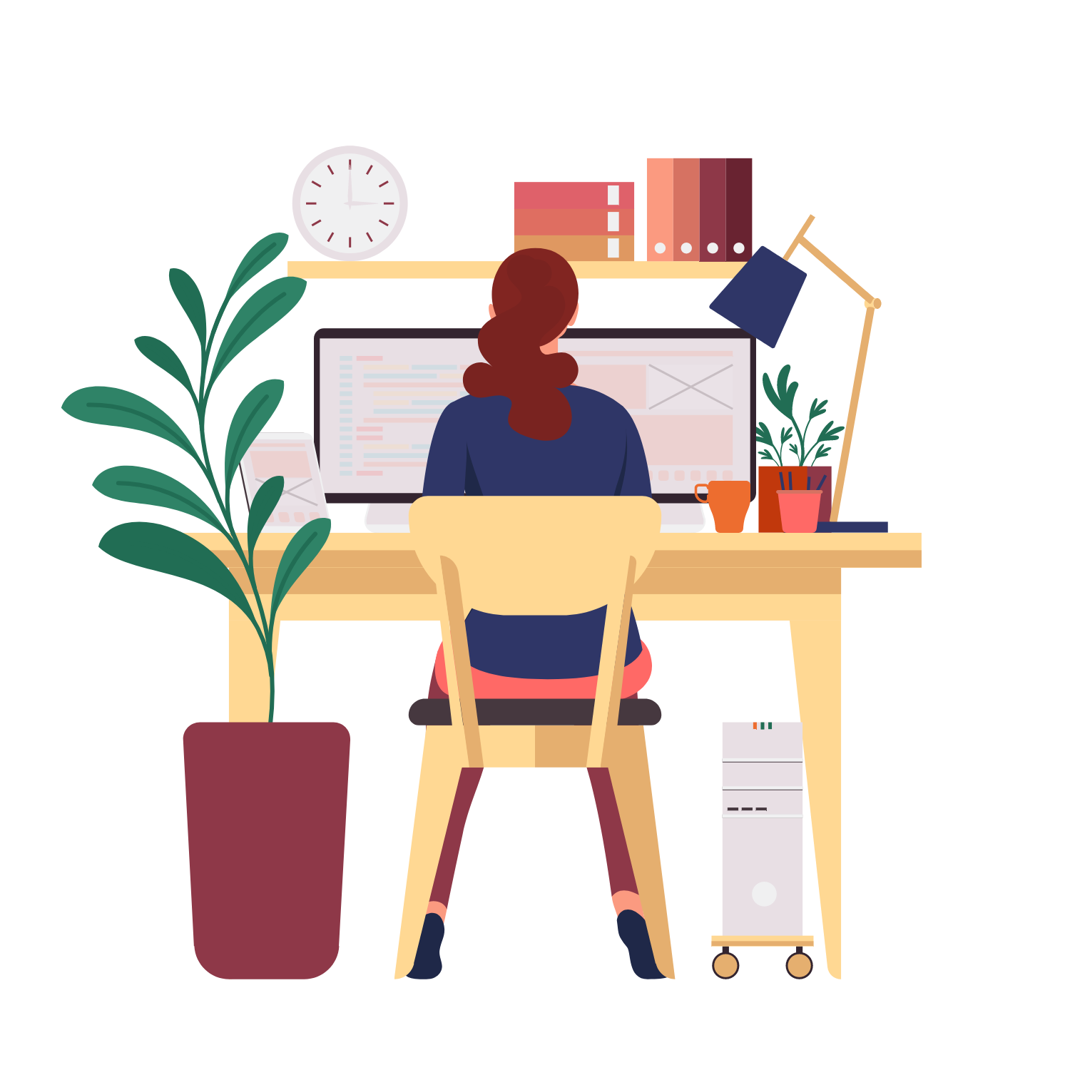 Cartoon character of a redheaded developer sitting at a desk with her back facing you and looking at a computer screen. Credit: pikisuperstar on freepik.com